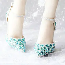 Ankle Strap Women Wedding Shoes Pointed Toes Sky Blue Diamonds Silver Heels Red Bottom Party Shoes