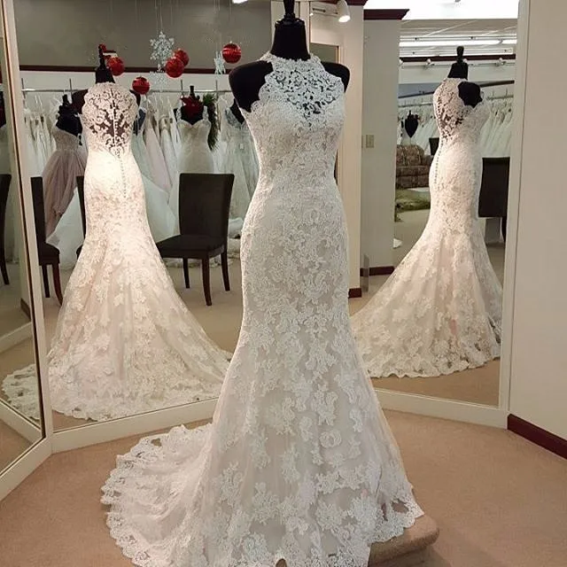 Vestidos De Novia, кружевные свадебные платья русалки, со шлейфом, с высоким воротом, без рукавов, на молнии, длинные свадебные платья, Robe de mariee