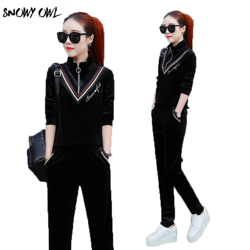 

2018 New Velour Tracksuit Women Track Suit Velvet Sweatshirt and Pants Sweatsuit 2 Two Piece Set h145