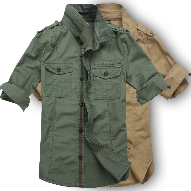 Hot Sale USA Military Style Mens Long Sleeve Shirts Khaki Army Green
