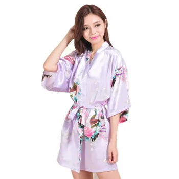 

Top Quality Lavender Peacock Pattern Short Design Wedding Bridal Kimono Robe Satin Lady Night Dress Gown Women Nightgown