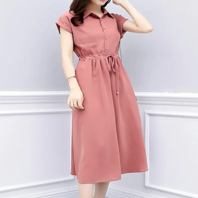 

La MaxPa Hot Sale Women 2019 Office Lady Turn-Down Collar Sundress Long Summer Fashion Solid Sid-Calf Length Sleeveless Dress