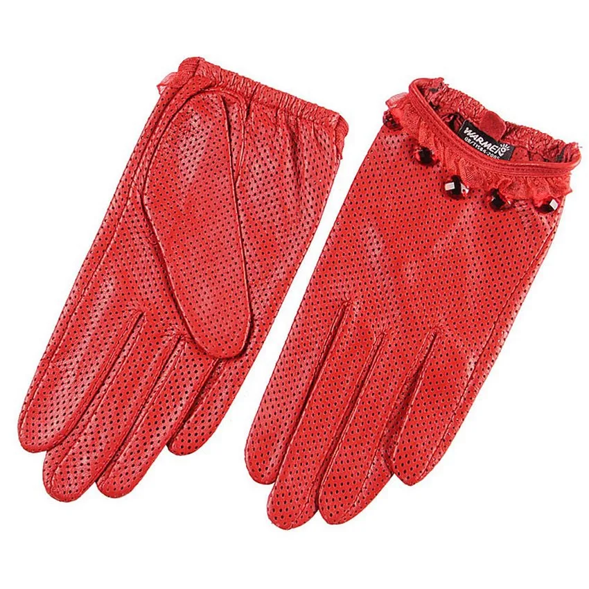 Kaufen Top Mode 2020 Frauen Handschuhe Handgelenk Spitze Perlen Komfortable Perforierte Echtes Leder Solide Ziegenleder Handschuh Freies Verschiffen L006N