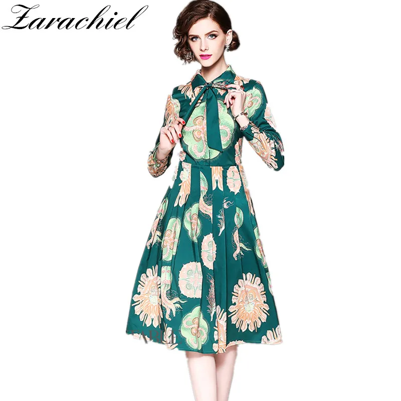 

Runway 2019 Summer Women Vintage Print Dress Office Lady Corset Slim Turn Down Collar With Bow Belt Knee Length Pleated Dress