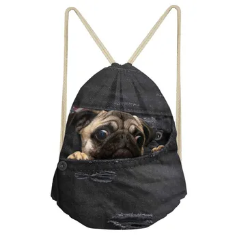 

ThiKin Vintage Puppy Pug Drawstring Bag for Women Cute Kids Jeans Travel Storage Rucksack Girls Bagpack Sack Pack Mochila
