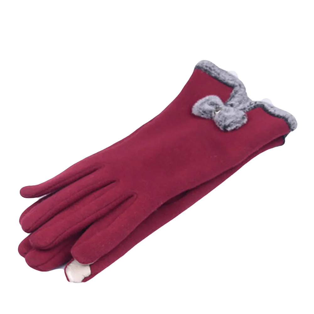 Модные женские перчатки, варежки, перчатки, полный палец, пушистые, теплые, с бантом, зимние женские перчатки, ручная работа, перчатки, женские - Цвет: Red