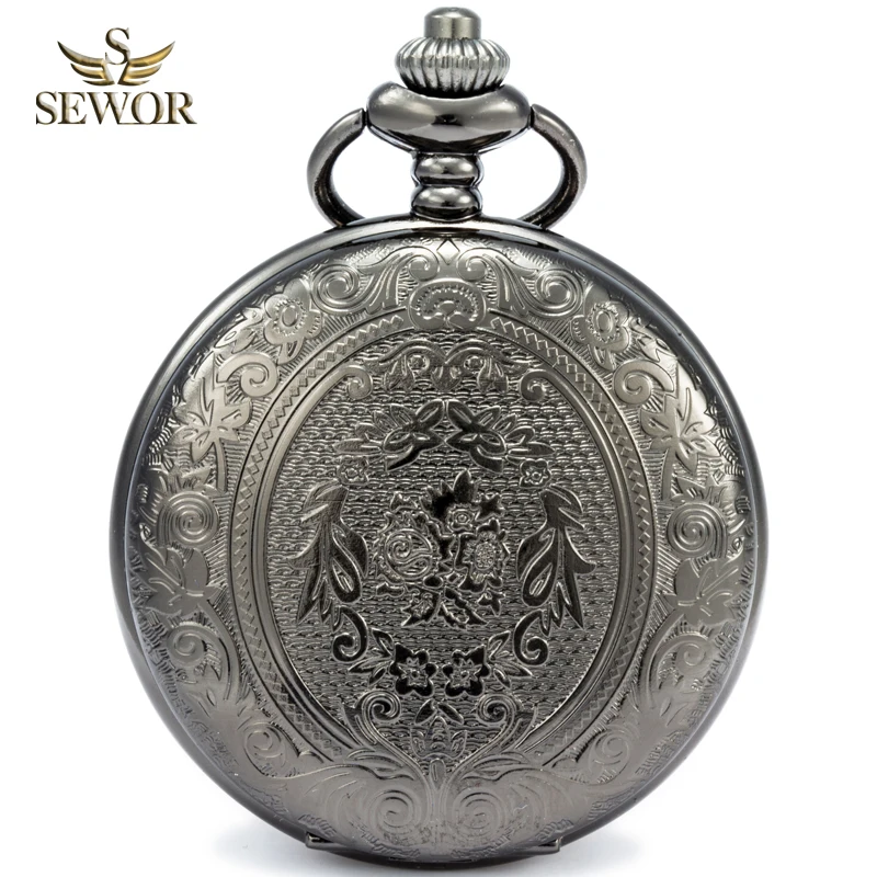 SEWOR 2019 Top Luxury Brand Fashion Dial Reflective Color Black Quartz Enamel Flower Design Pocket Watch White Dial C152 photo