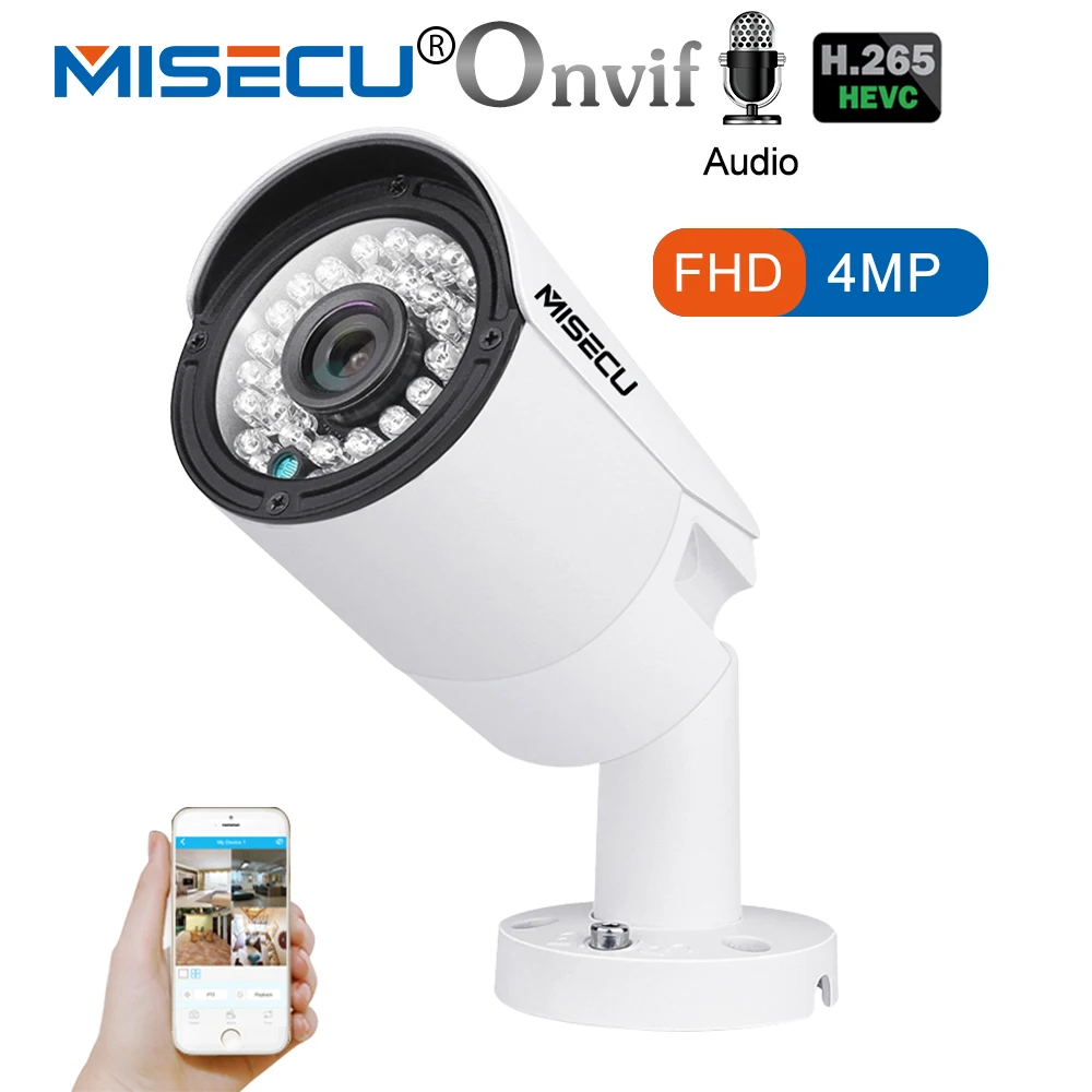 

MISECU 4.0MP H.265/H.264 48V POE IP Camera Audio Record Metal Bullet Waterproof ONVIF P2P Night View Email Alert Motion Detecte