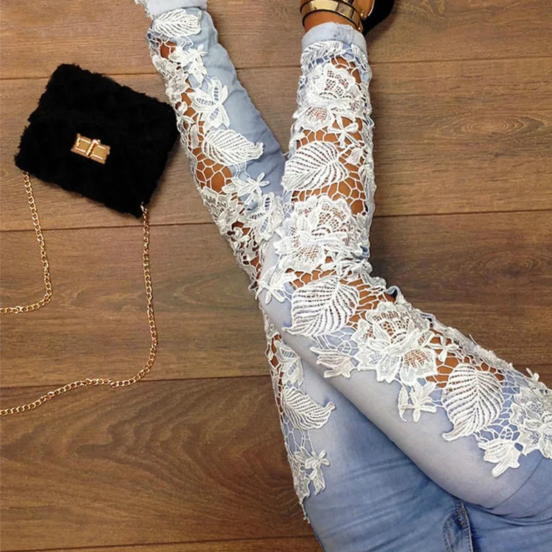

Vintage Streetwear Cotton Lace Jeans Skinny Push Up Stretch Denim Pencil Pants Bleached Casual Light Blue Jeans Women