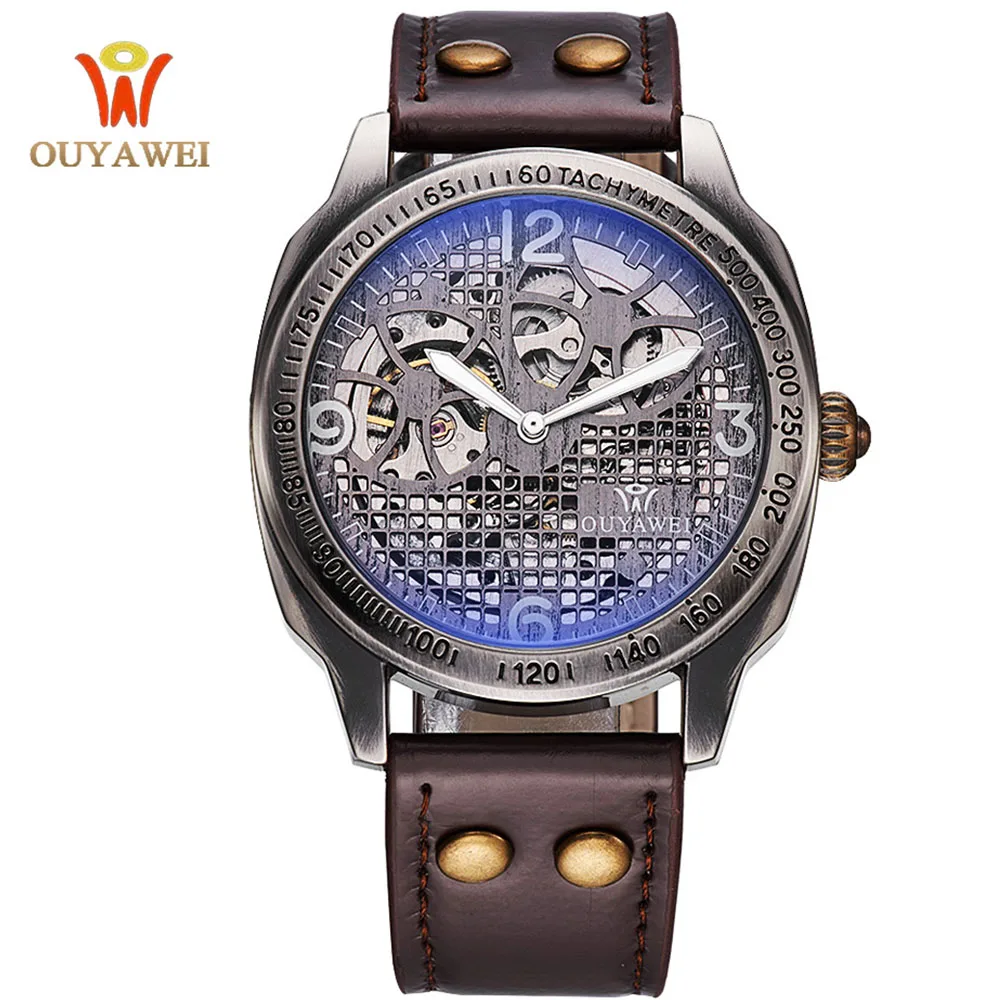 

Skeleton Watch Men Automatic Mechanical Wristwatch Retro Vintage Fashion Style OUYAWE Genuine Leather Clock Men Male Watches