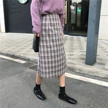 Корейский стиль ретро женские юбки до середины икры Повседневная клетчатая Женская юбка высокая Талия разрез сбоку Jupe Femme Slim