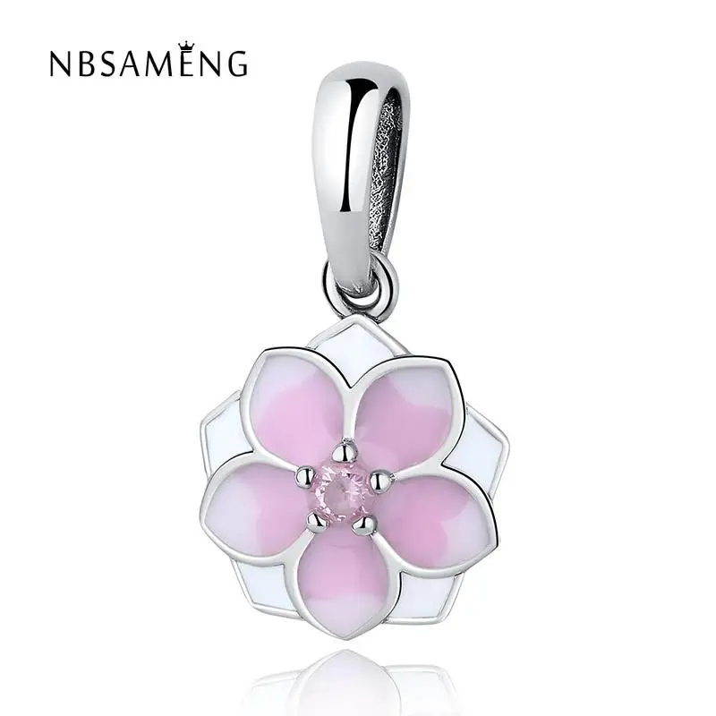 

NBSAMENG 925 Authentic Sterling Silver Bead Charm Pink CZ Enamel Lotus Flower Pendant Beads Fit Pandora Bracelet Bangle Jewelry