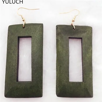 

Pair good charm african red green brown colorlong wood square Latest new arrival wood earrings new design quality