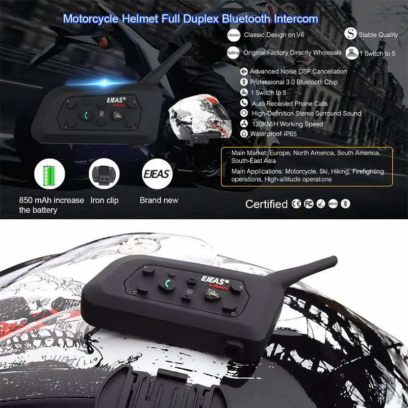 EJEAS V6 Pro Bluetooth Motorcycle Headset Intercommunicator Helmet Intercom Moto Interphone for 6 Riders within 1200m MP3 FM GPS (14)