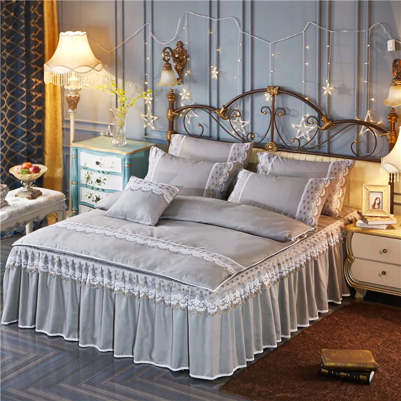 

Princess Korean style Bedding Set Bedskirt Gray Pink Purple Queen size Bed set for Girls Bedroom Duvet cover Bed cover Bedsheet