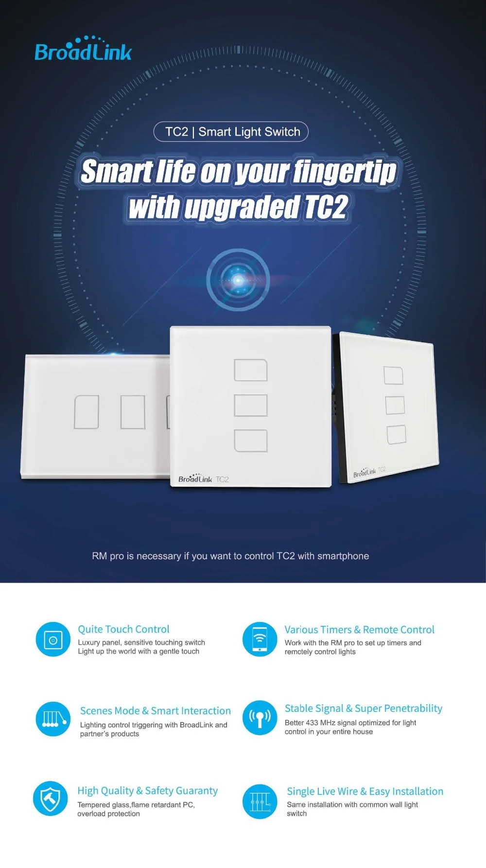 TC2-1-US 220 V BroadLink настенный выключатель, американская версия Smart Wall сенсорный выключатель, 1 банда 1 способ, переключатель дистанционного управления из любого места через 3g/4G