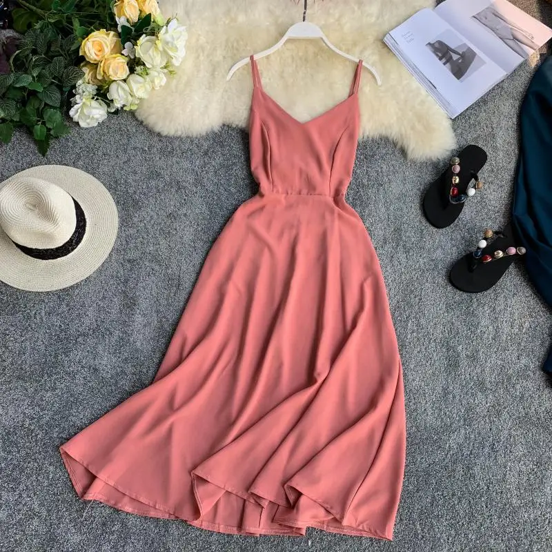 

Seaside Holiday Dress 2019 New V-collar Bow Tie Pure Color Women Sleeveless Elegant Vestidos