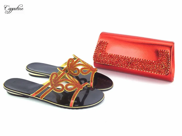 

Popular red with stones design African slipper shoes and handbag set for lady 112-1, 4 color for sale