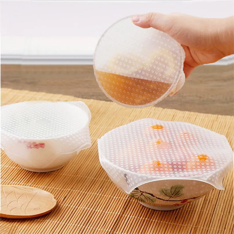 4PCS Silicone Wraps for Bowls Cups Covers Stretch Cling Film Fresh Food