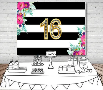 

custom Floral Birthday Black And White Stripes photo backdrop High quality Computer print party photo studio background