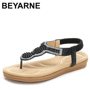 

BEYARNE Summer Women Casual Flats Sandals Shoes Woman Bohemia Crystal Flip flop String Bead Female Gladiator Beach Sandals