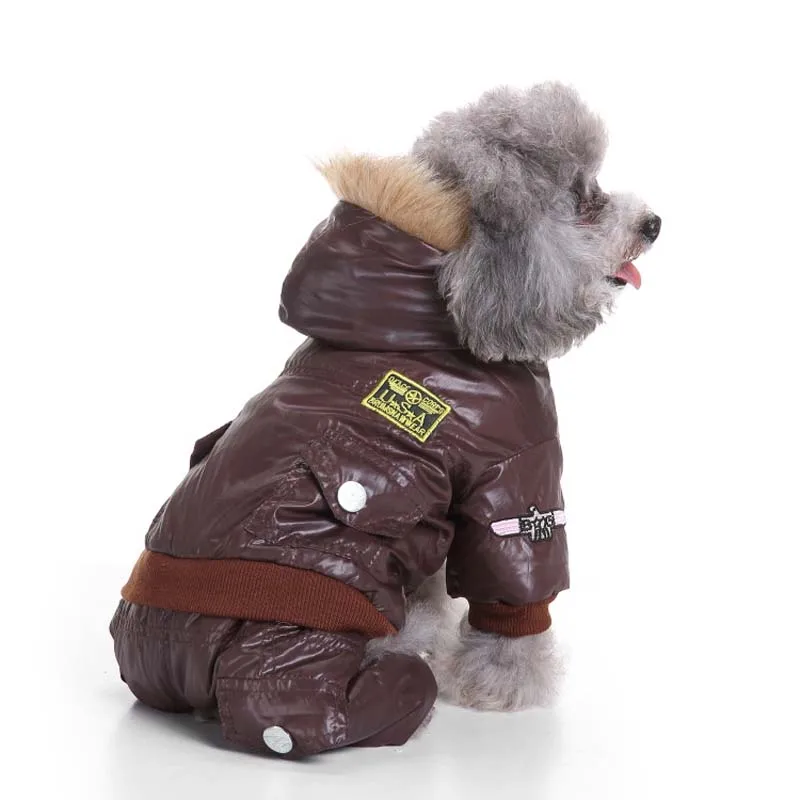 Теплая зимняя одежда для собак для маленьких собак, костюм ВВС, комбинезон для собак с капюшоном, меховой воротник, ветрозащитный комбинезон, утепленная одежда для домашних животных