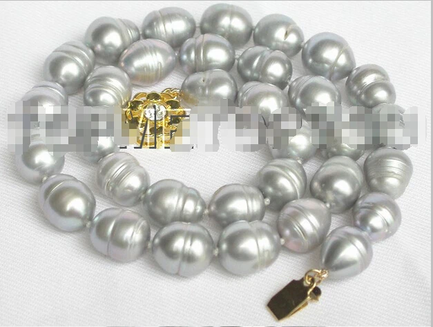 

Free shipping >>>>>>baroque 17" 12mm rice Gray freshwater pearls necklace gold plated clasp E89
