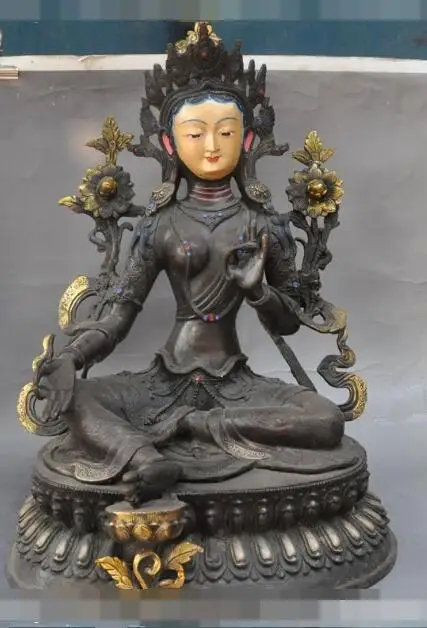 

S5462 18"tibet buddhism pure bronze gilt Painted green tara goddess bodhisattva statue discount 30% (C0324)