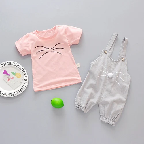 Коллекция года, Одежда для новорожденных девочек летние комплекты одежды, футболка+ комбинезон, комплект из 2 предметов, одежда для маленьких девочек комплект для дня рождения на один год - Цвет: pink baby set
