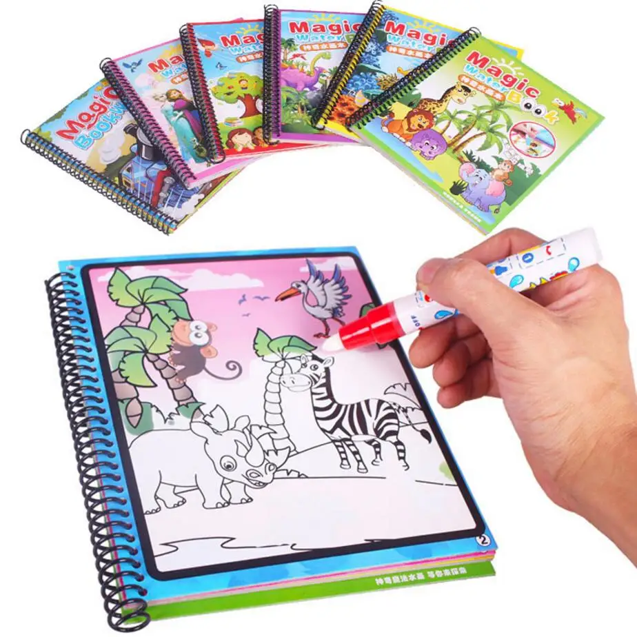 

4 Different Patterns Magic Discoloration Water Drawing Book Toys Set tanbook With Magic Pen Education Painting Board stickers