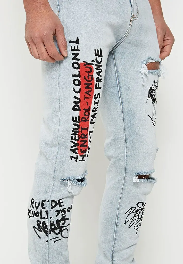

Men's new summer graffiti stretch skinny jeans