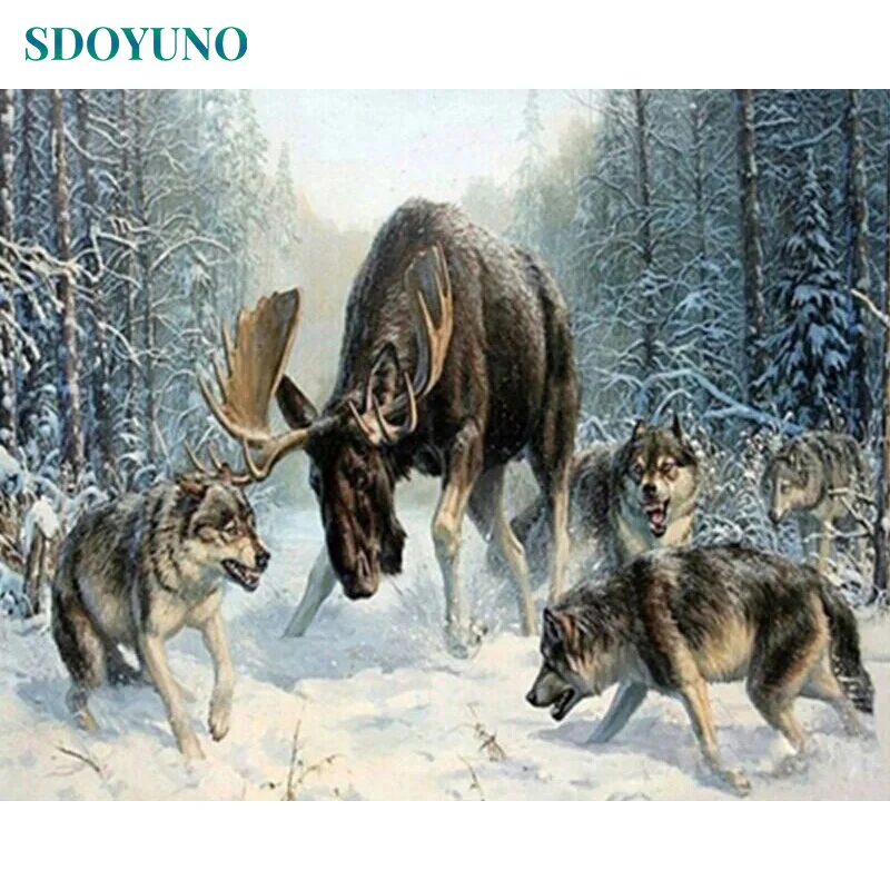 

SDOYUNO 40x50cm no framed Deer battles wolvepack Painting By Numbers DIY Gift modern Wall Art For Home Decoration Canvas Paint