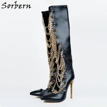 Модные черные женские ботинки с цепочкой; Botas De Mujer; коллекция года; женские вечерние ботинки из искусственной кожи на высоком тонком каблуке; обувь на молнии с острым носком; Chaussure Femme