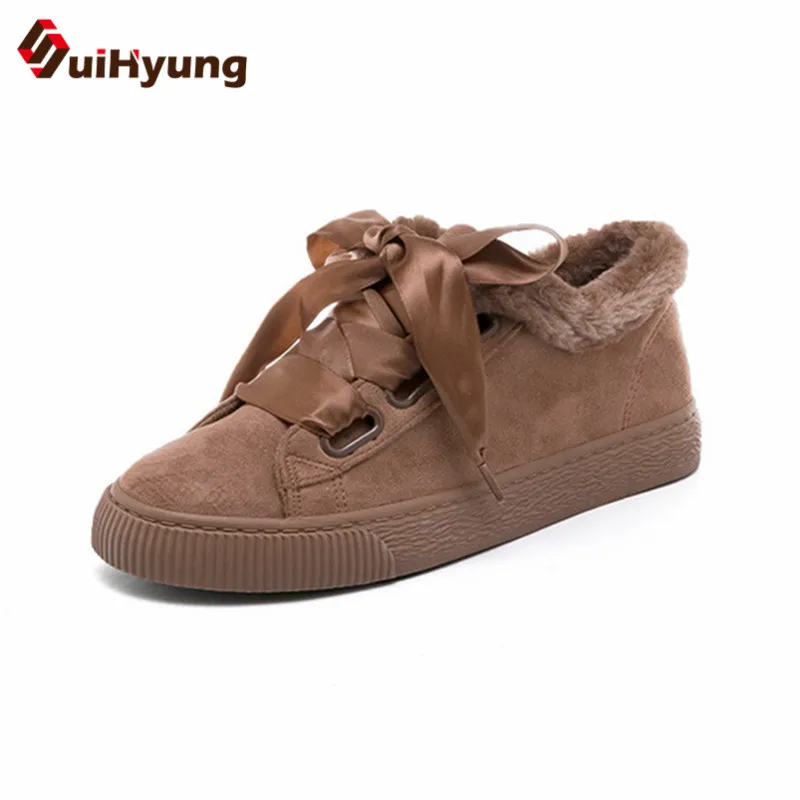 

Suihyung New Women Cotton Padded Shoes Suede Plush Snow Boots Casual Lace-Up Fleece Warm Ankle Short Short Boots Faux Fur Flats