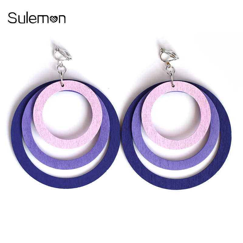 

Fashion Round Wooden Earrings No Hole Ear Clip Colorful Multilayer Wood Clip Earrings No Pierced Minimalism Earring Jewelry C107