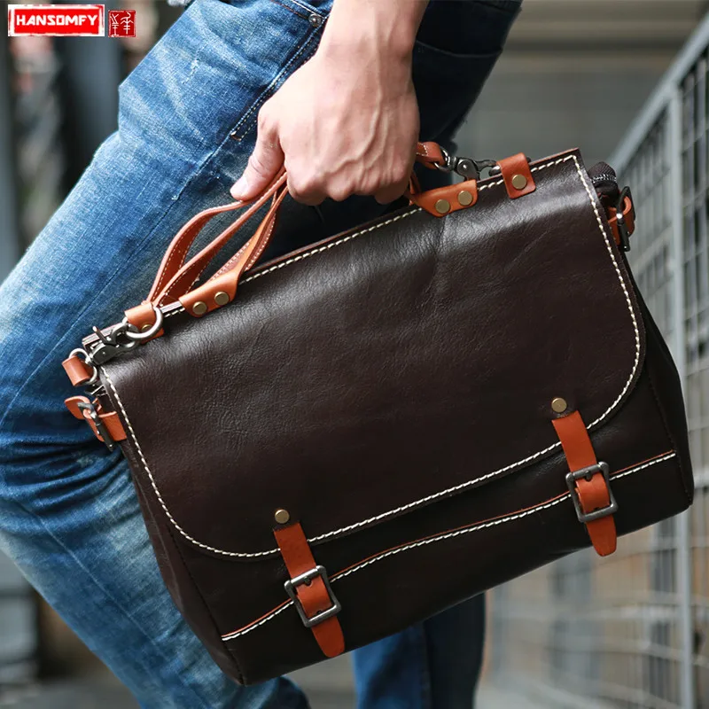 

Retro Men messenger bag business laptop briefcase head layer vegetable tanned leather handbag casual male shoulder crossbody bag