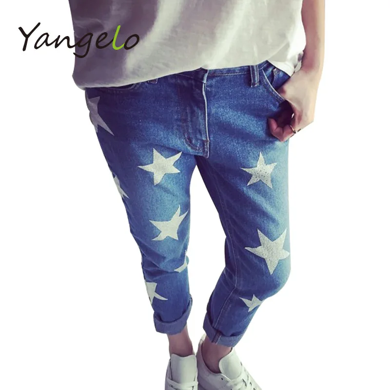 

2016 Spring Printting Star Pattern Fashion Bule Ripped Bleached Stretch Button Pockets Jeans For Women