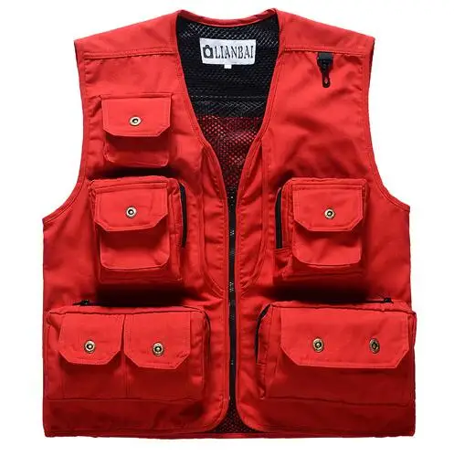 Мужской классический жилет с несколькими карманами без рукавов, разгрузочный однотонный жилет для фотографа, тактическая мужская куртка - Цвет: Красный