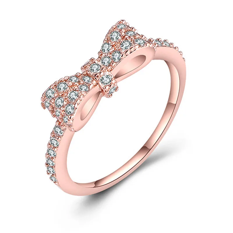 

Lovely Bow Rings With Rose Gold Color Mini Inlay Full Zircon Romantic Rings For Party Jewelry
