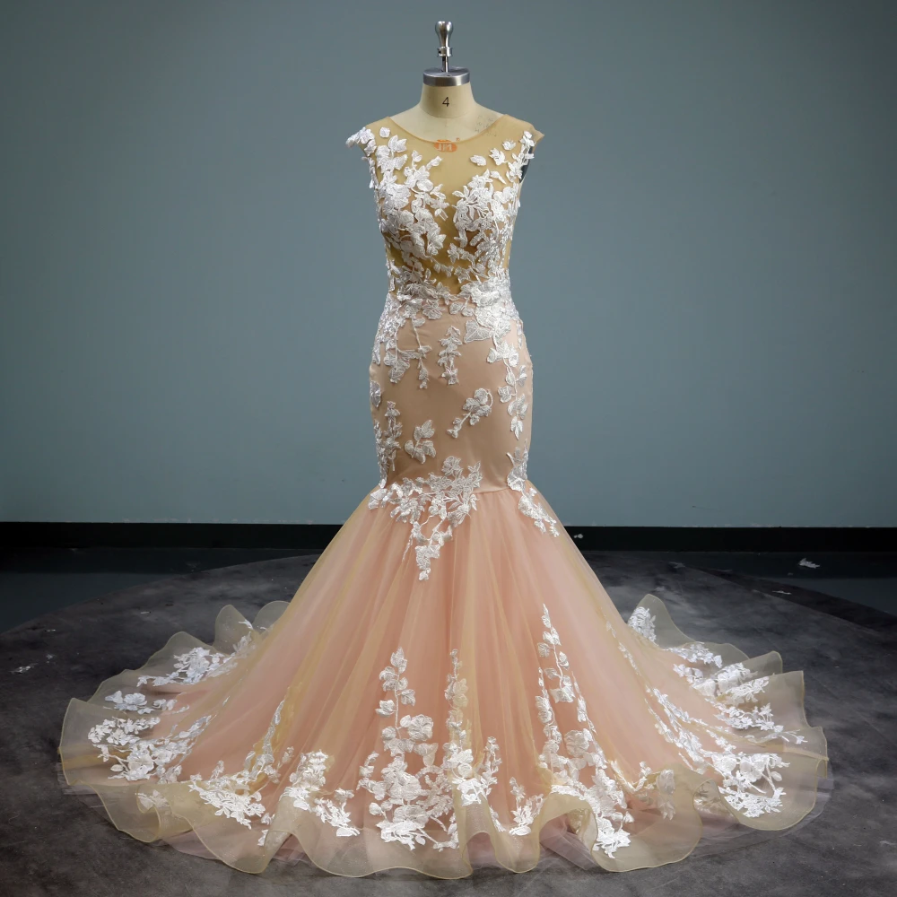 

Scoop Neck Sleeveless Fully Appliqued Champagne Colored Mermaid Wedding Dresses