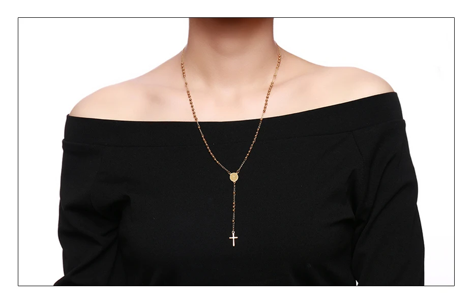 Meaeguet Stainless Steel Chain Cross Pendant Necklace Rosary Link Bead Chain Jesus Christ Pendant For Women Jewelry (3)