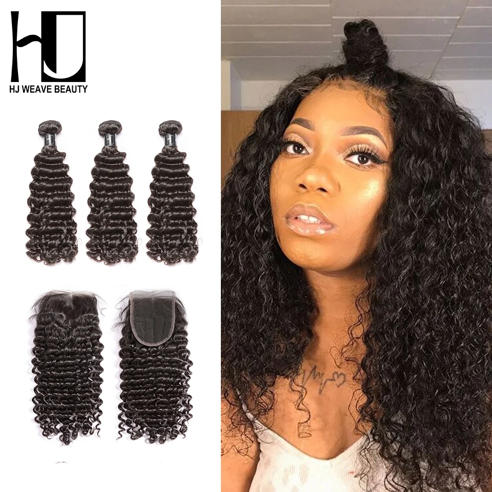 

HJ Weave Beauty 8A Hair Brazilian Deep Wave Bundles With Closure Virgin Human Hair Extension Free Shipping