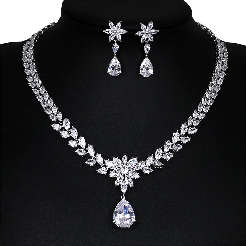 

baiduqiandu brand shining pear drop and marquise cubic zirconia necklace and earring Bridesmaid Bridal Luxury Jewelry Set