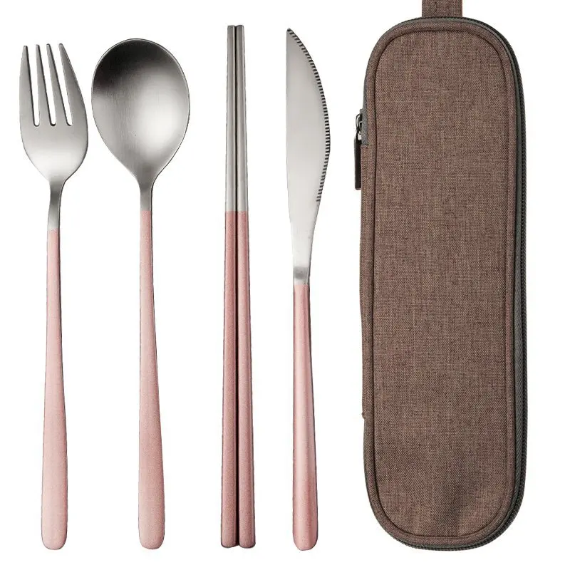 Набор посуды столовые приборы для кемпинга 304 палочки для еды из нержавеющей стали кухонная утварь посуда включает нож вилка ложки мешок - Цвет: Pink silver 4 PC