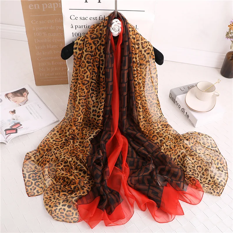 

Brand Designer Silk Scarf Women Fashion Leopard Print Shawls And Wraps Large Size Beach Stoles Sunscreen Pashmina Headband Hijab