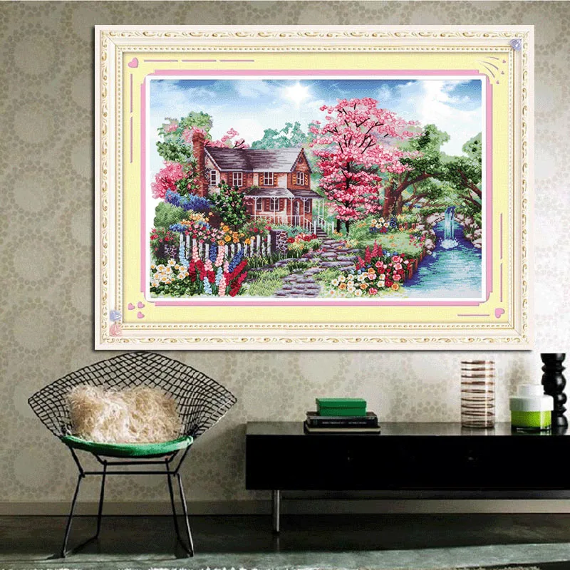 Koop 63X40 cm Gelukkig Tuin landschap handwerken DIY 3d telpatroon Onvoltooide Lint borduurwerk paintingtitching craft gift