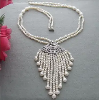 

Natural 4-5mm 7-8mm white freshwater Pearl Necklace-cz pendant 25-26"