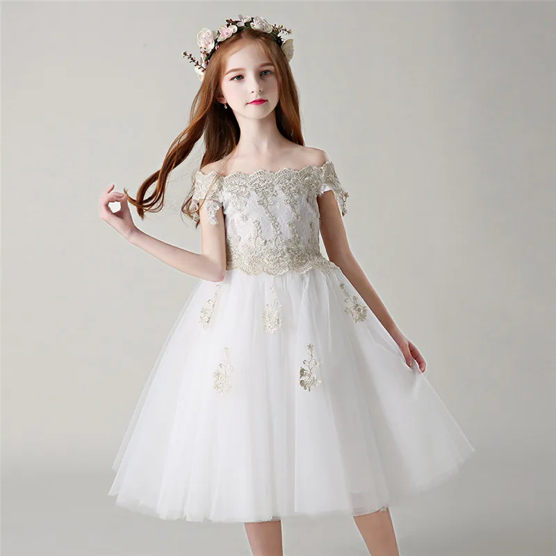 

Girls Teens White Color Shoulderless Birthday Wedding Party Princess Lace Mesh Dress Kids Babies Elegant Piano Pageant Dress