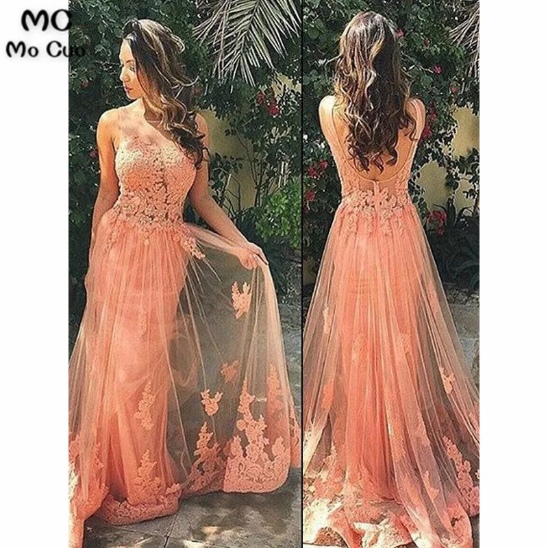 2019 Illusion Backless Evening Dresses Long with Appliques Lace Tulle Formal Evening Party Dress for Women Custom Made