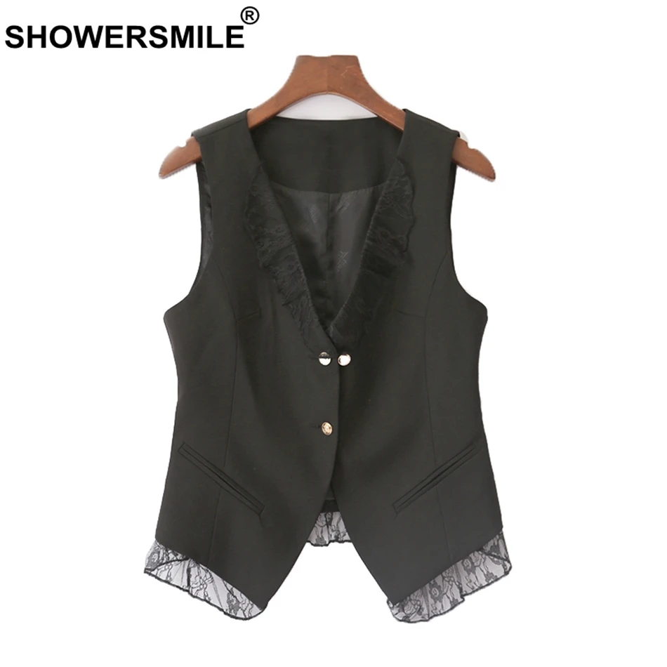 

SHOWERSMILE Womens Black Vests Solid Plus Size Gilet Cotton Ladies Fashion Lace OL Elegant Plain Spring Autumn Female Waistcoat